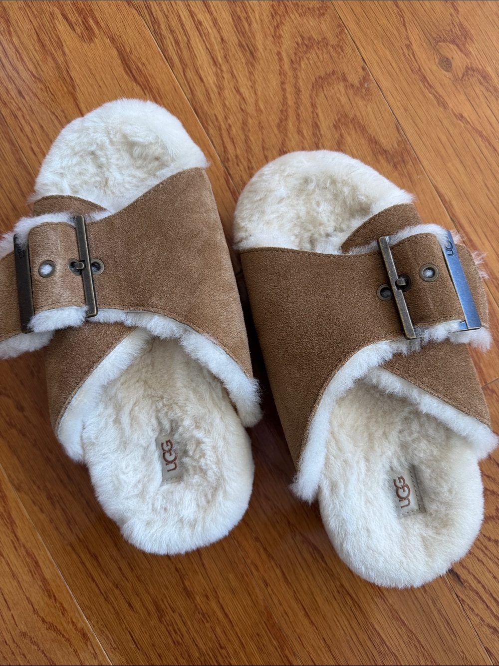 UGG Tan Suede Shearling Buckle Slides
